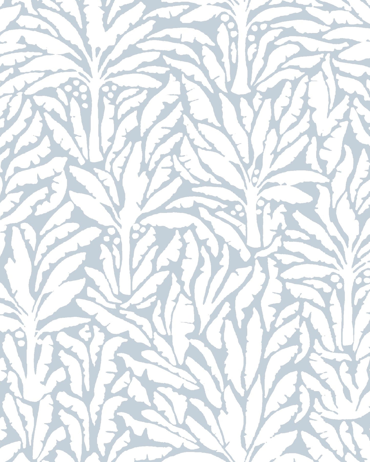 A repeating botanical pattern featuring stylized palm or leafy fronds in white over a very light cool gray background.