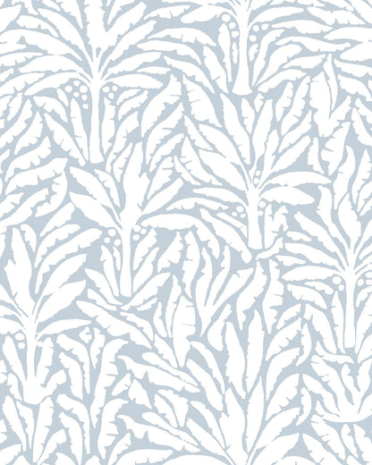 A repeating botanical pattern featuring stylized palm or leafy fronds in white over a very light cool gray background.
