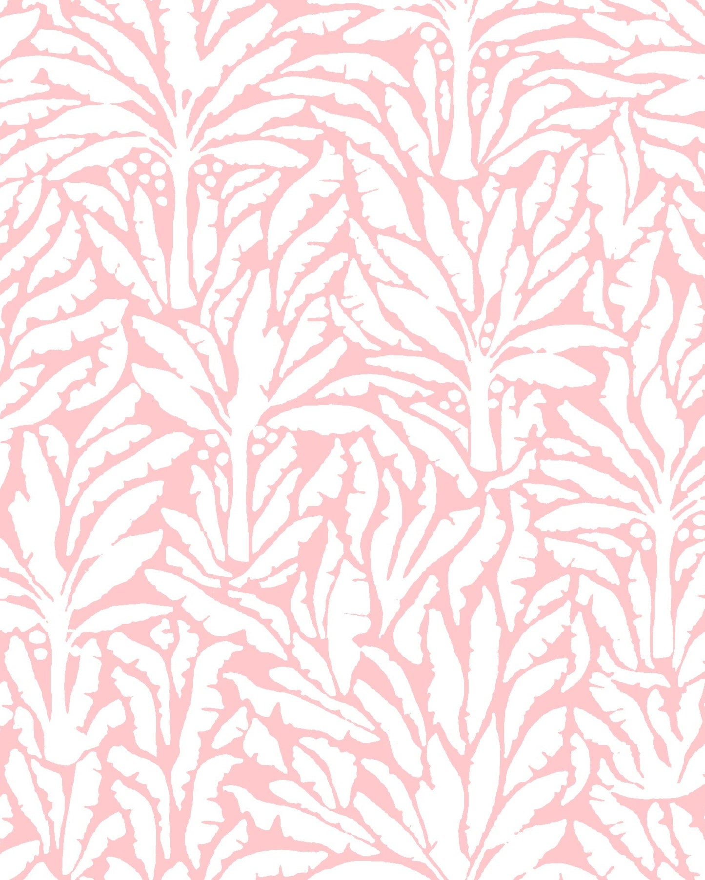 A repeating botanical pattern featuring stylized palm or leafy fronds in white over a soft light pink background.
