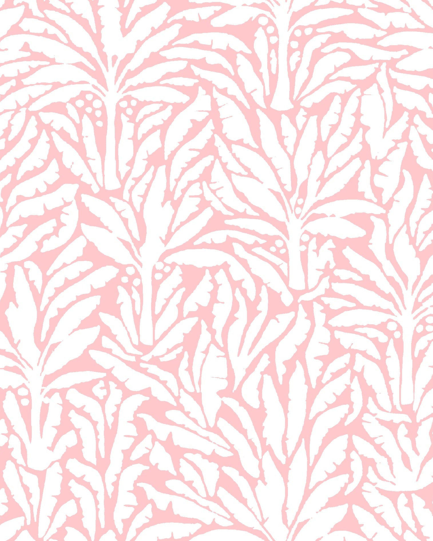 A repeating botanical pattern featuring stylized palm or leafy fronds in white over a soft light pink background.