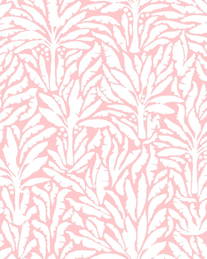 A repeating botanical pattern featuring stylized palm or leafy fronds in white over a soft light pink background.